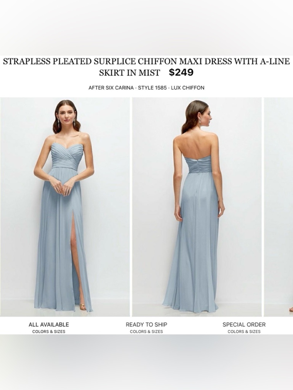 After Six Strapless Pleated Surplice Chiffon Maxi Dress in Mist Blue